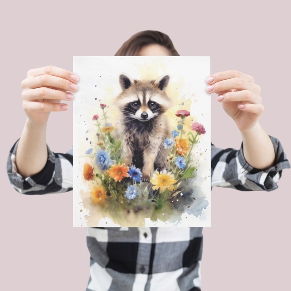 Watercolor Floral Raccoon Wall Art Illustration Print Poster Card Unframed - Picture 4 of 6